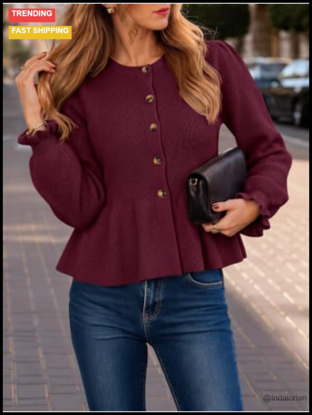 Cropped Ruffle Sleeve Button Up Cardigan Sweater - Picture 2 of 6